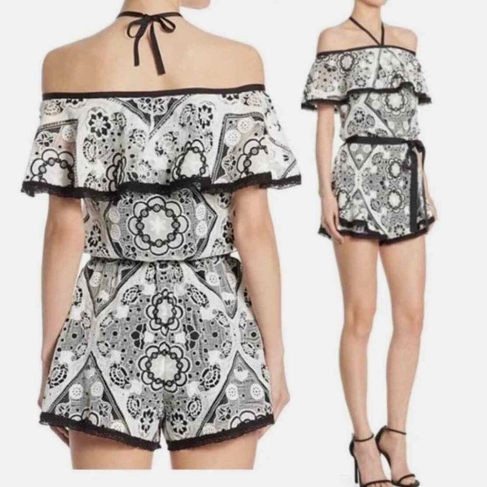 ALEXIS White Guipre Floral Lace Black Ribbon Flutter Off The Shoulder Romper M
